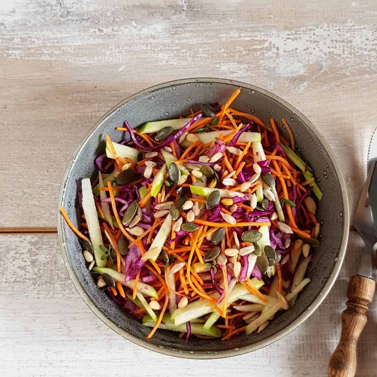 Rode koolsalade met appel en pittenmix, in een grijze kom met bestek ernaast.