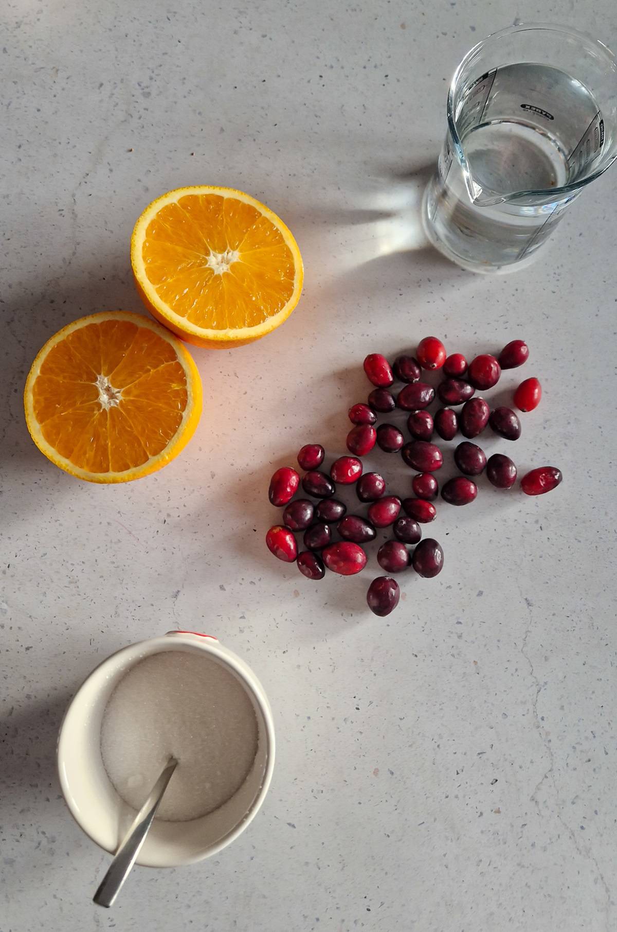 De ingrediënten voor cranberry likeur: verse cranberries, sinaasappel, suiker en wodka.