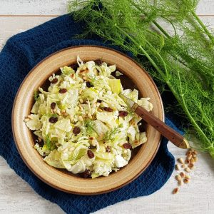 Venkelsalade met appel in een diep bruin bord. De salade is bestrooid met rozijnen en venkelloof.