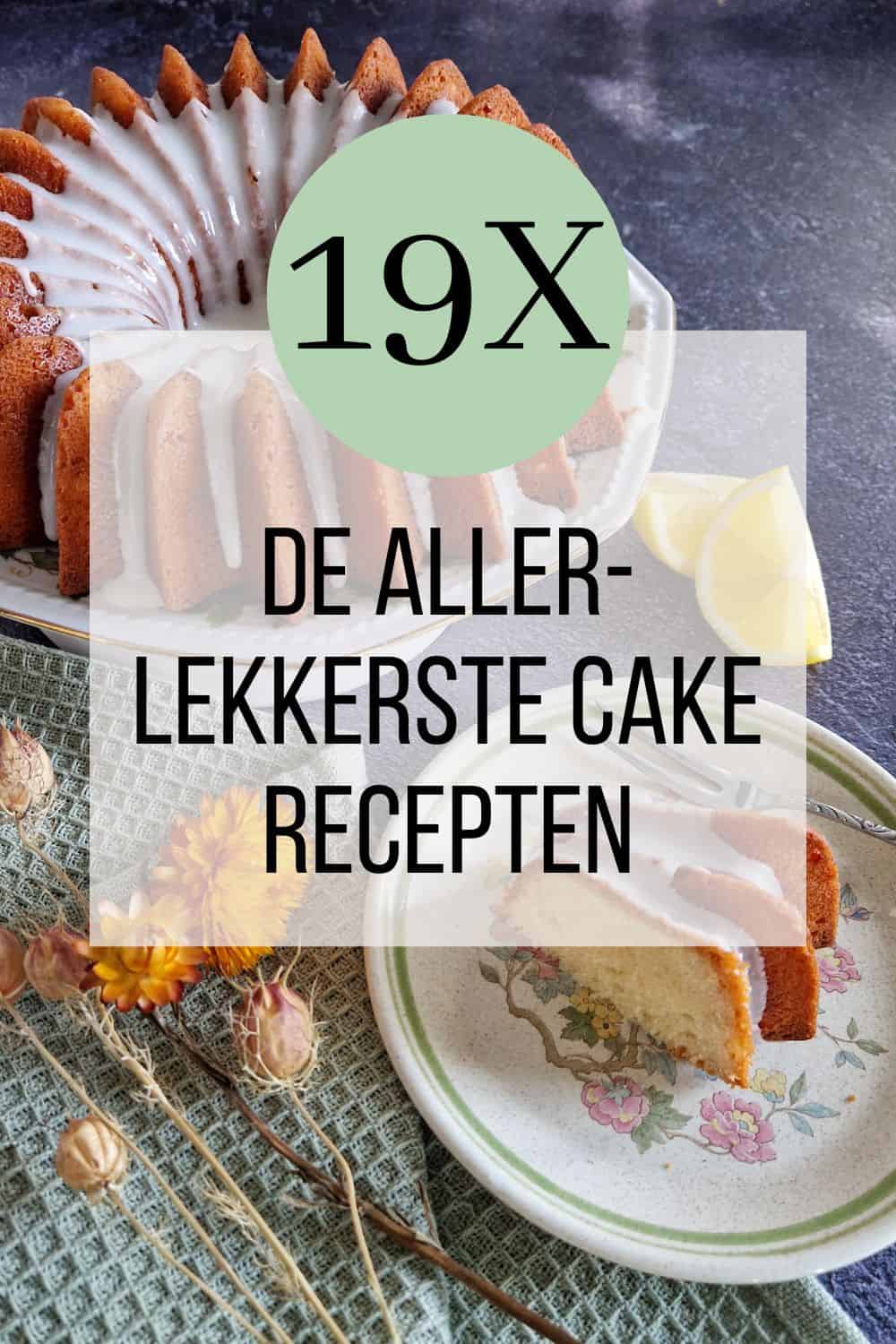 Een foto van een cake met daarop de tekst: 19x de aller lekkerste cake recepten.