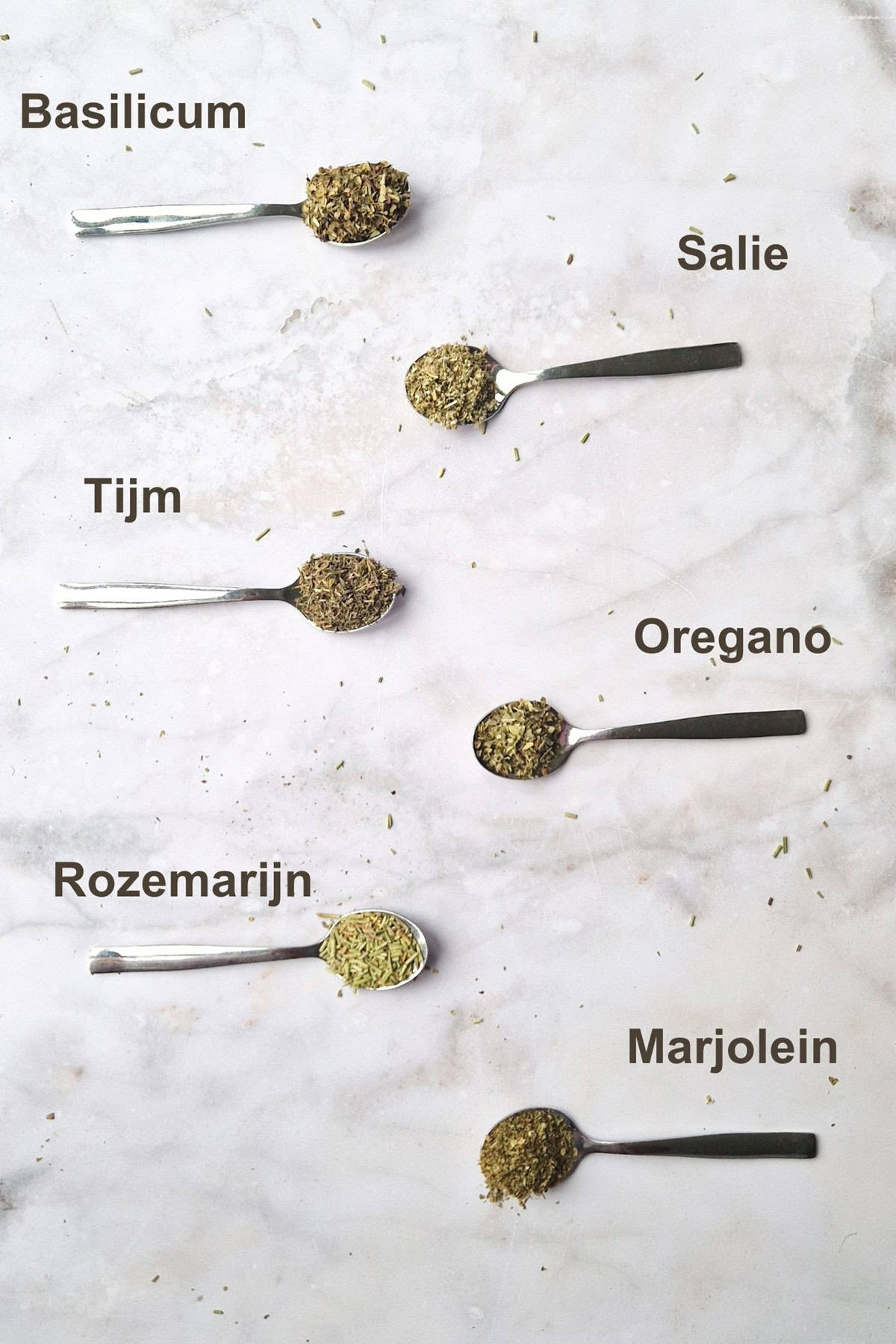 Dit heb je nodig om Italiaanse kruiden te maken: basilicum, rozemarijn, tijm, salie, oregano en marjolein.
