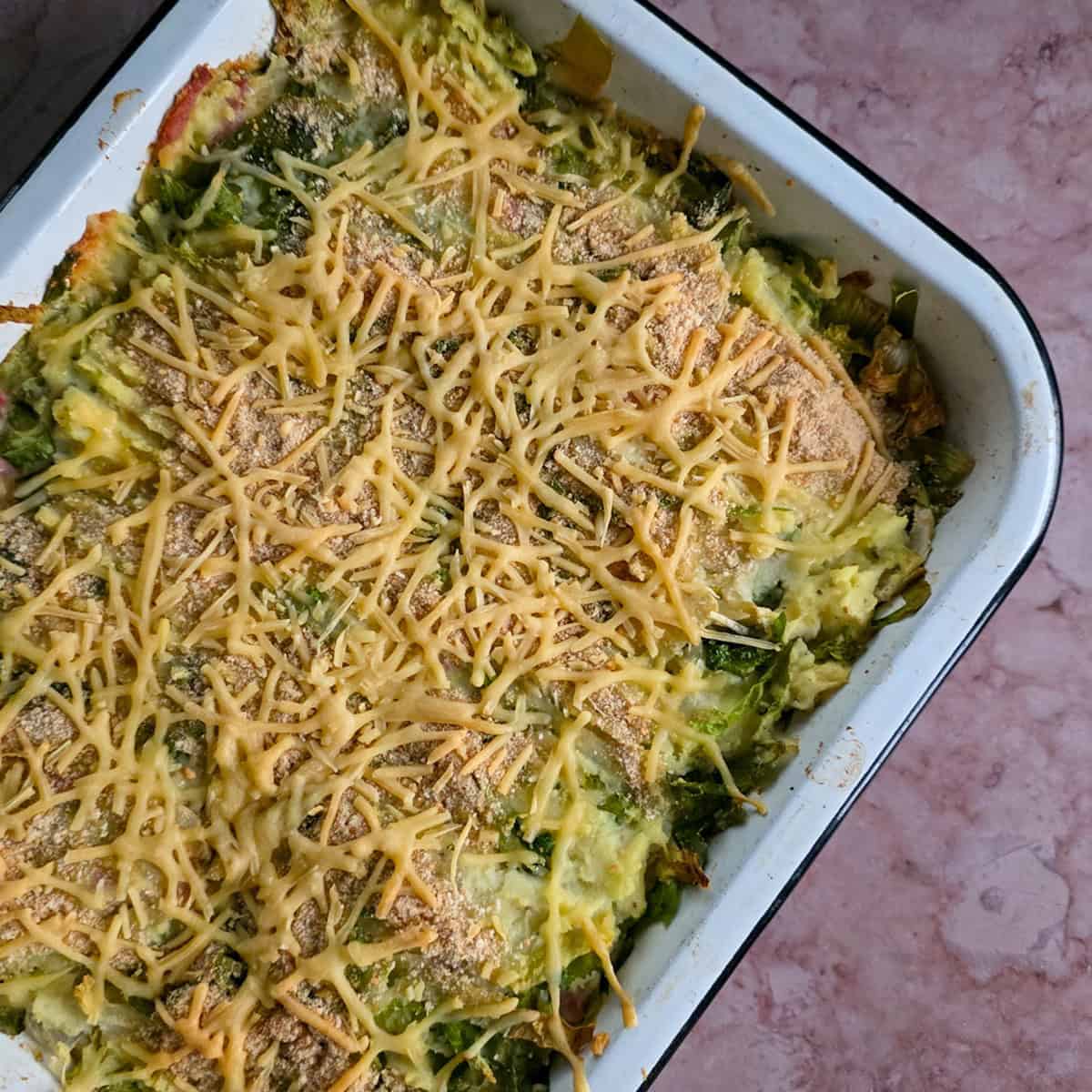 Een andijvie ovenschotel met een laagje geraspte kaas.